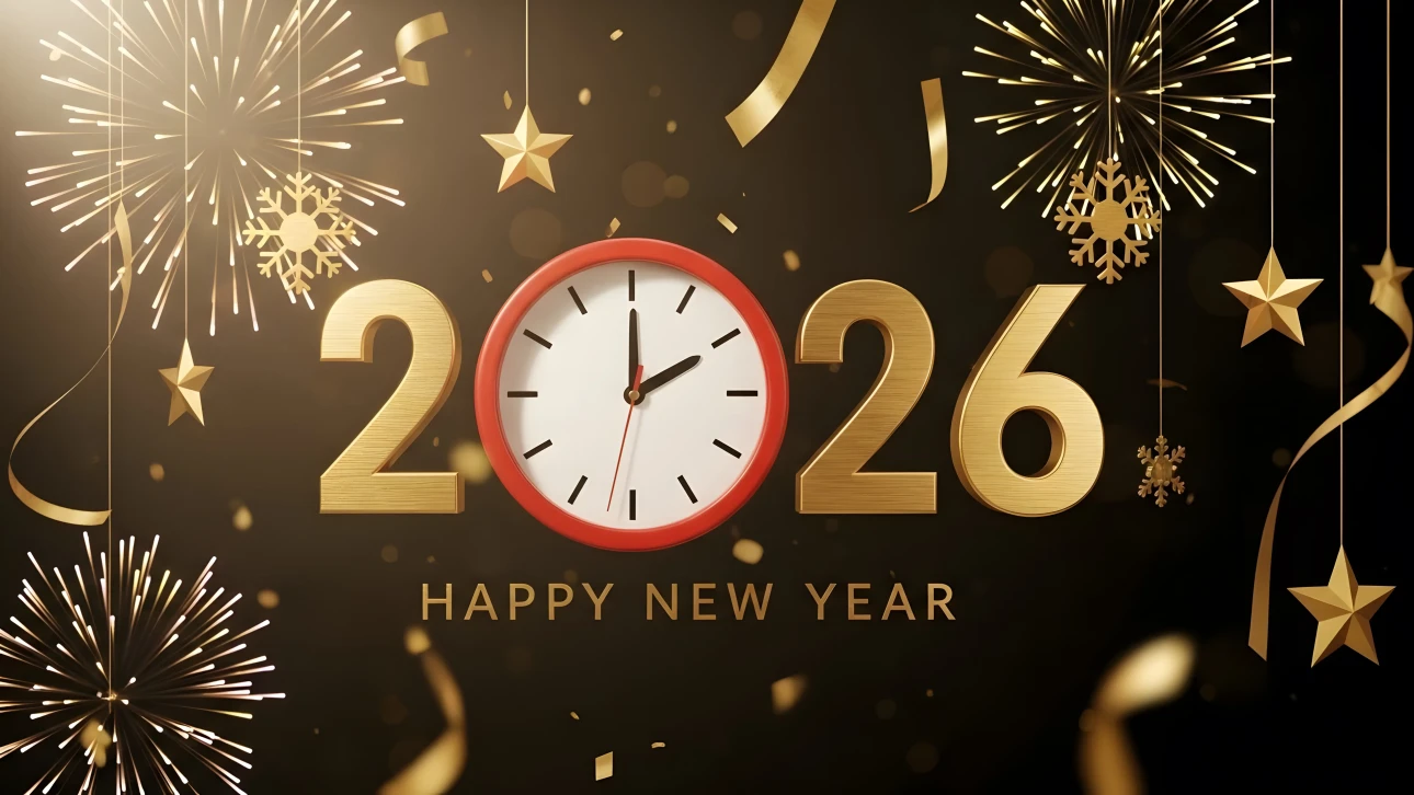 Golden 2026 New Year design with clock, fireworks, and confetti on a dark background, celebrating the upcoming year.