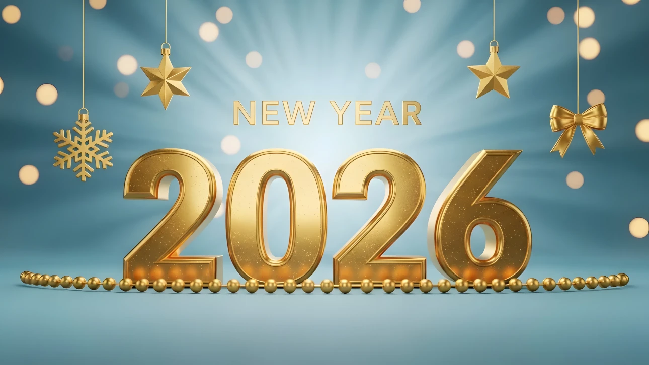 Golden '2026' with hanging star and snowflake ornaments against a soft blue bokeh background for New Year celebrations.