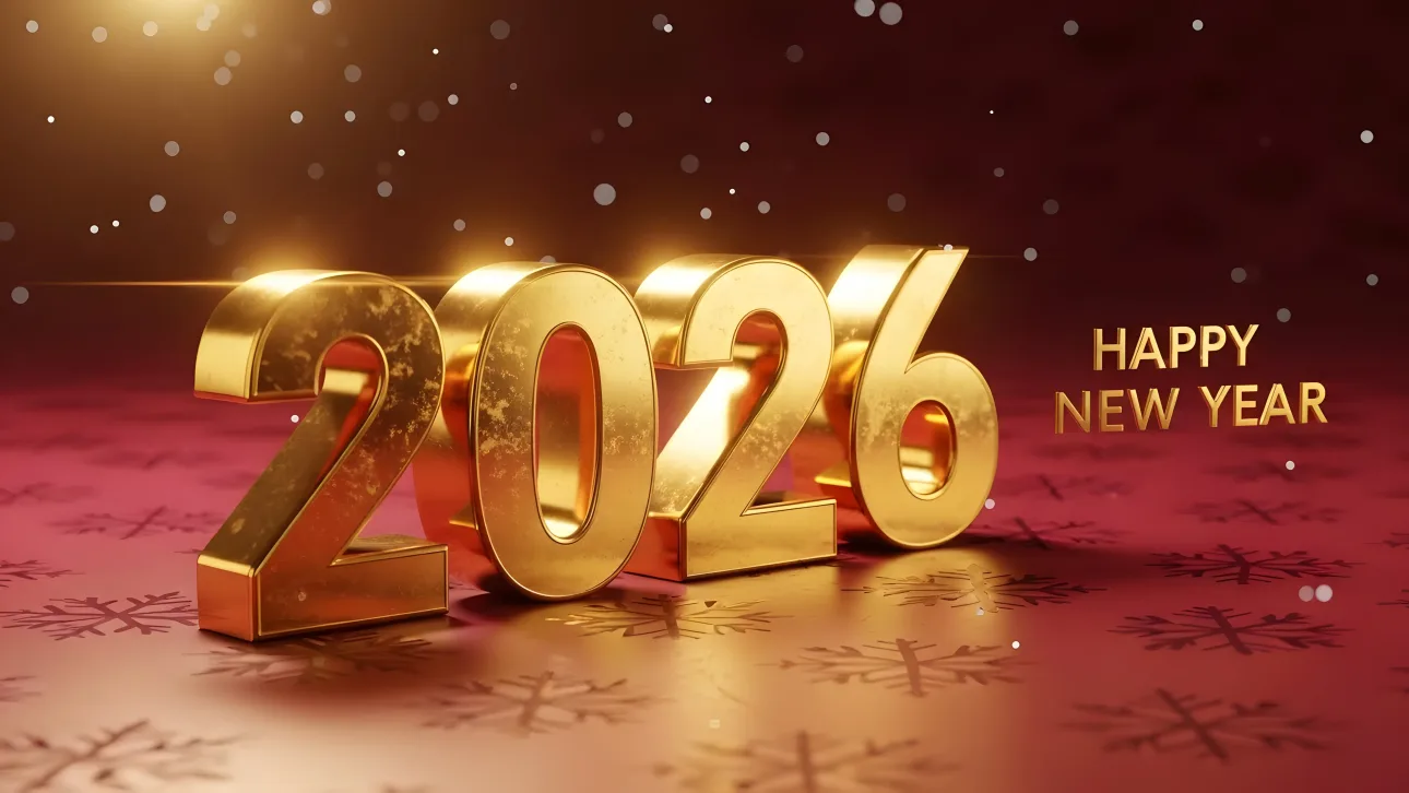 Elevate your holiday designs with this shimmering 2026 New Year illustration, featuring golden accents and a festive backdrop. Perfect for high-end seasonal promotions.