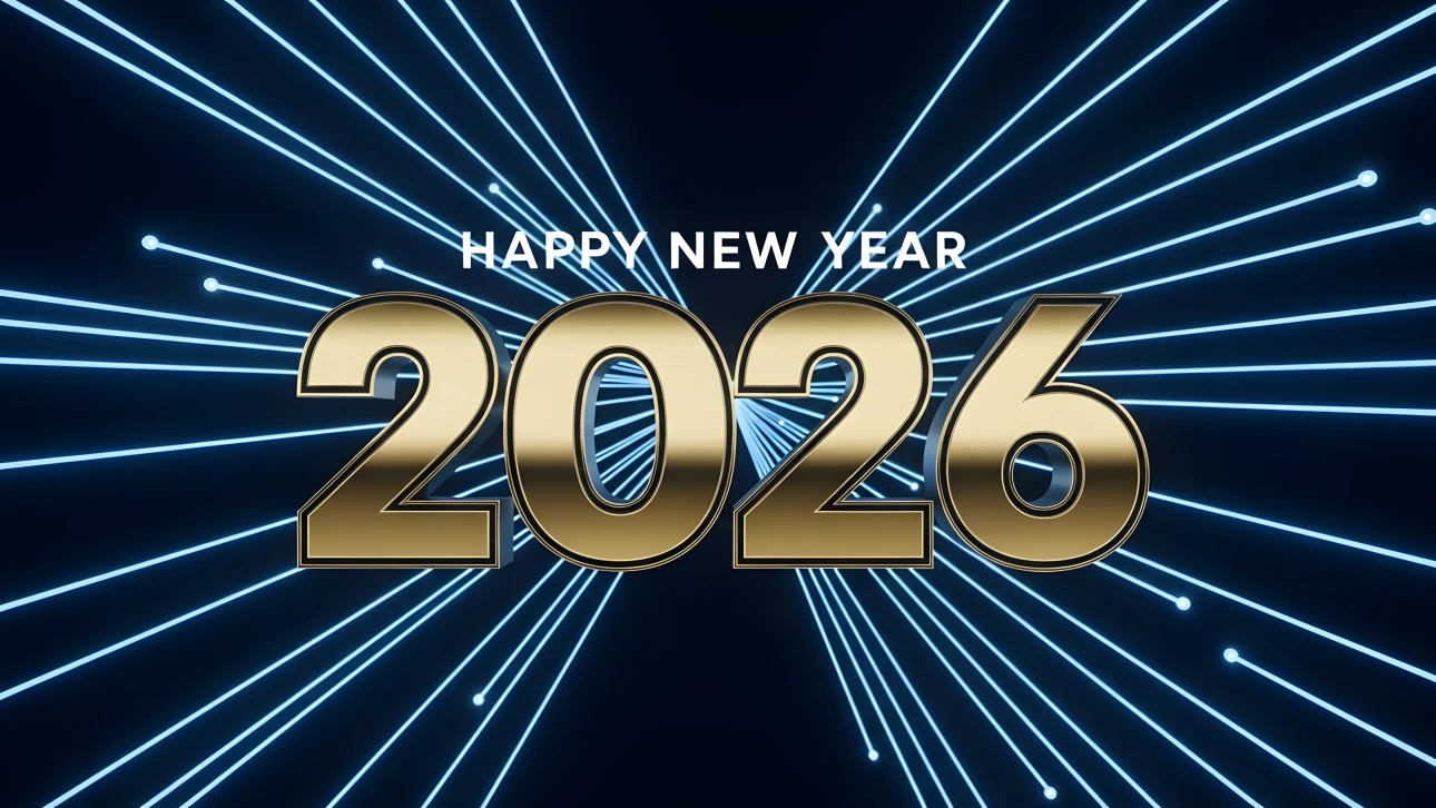 Elevate your New Year designs with this 2026 illustration featuring radiant blue light rays. A premium design asset ready for instant commercial use.