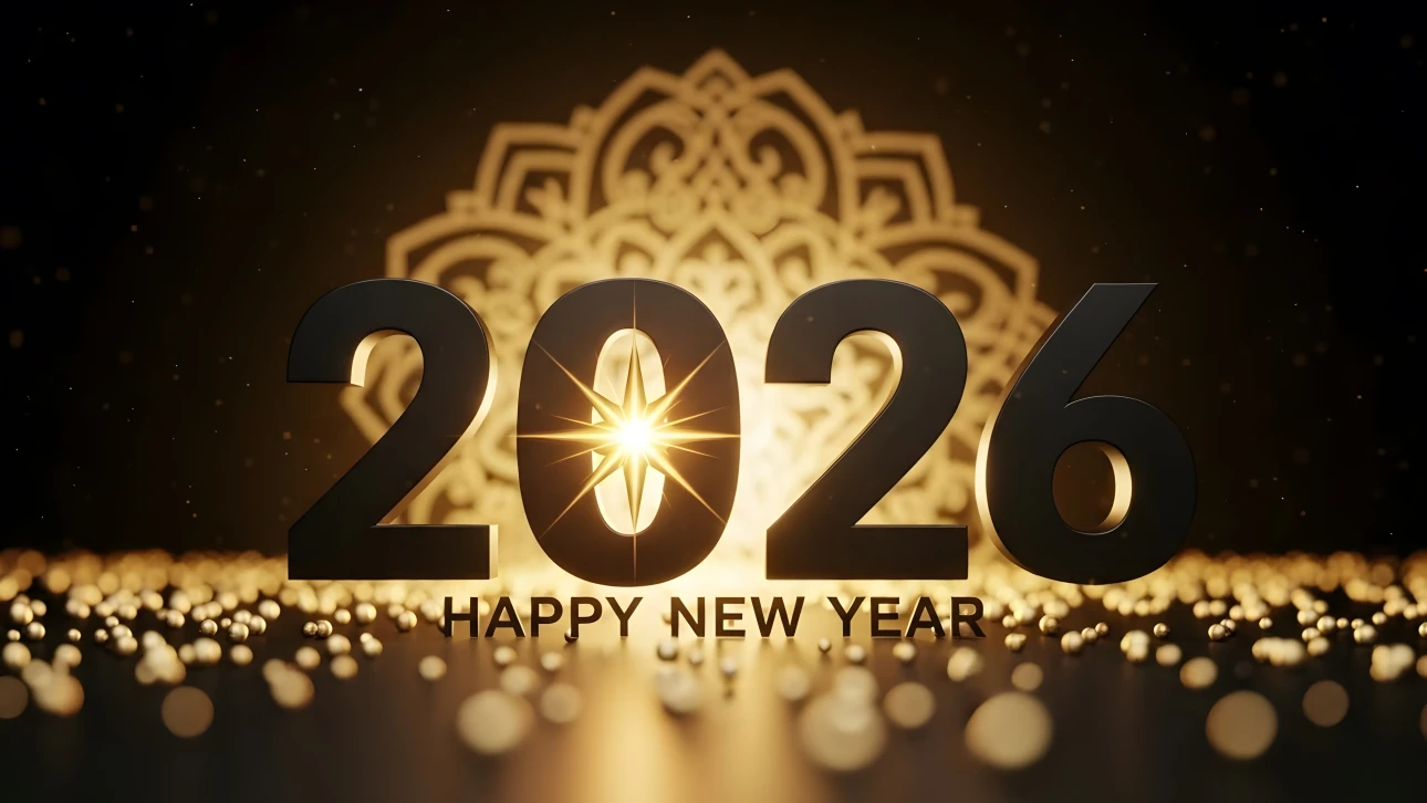 Elevate your holiday designs with this striking 2026 New Year illustration featuring a golden mandala and bokeh lights. Perfect for premium seasonal campaigns.