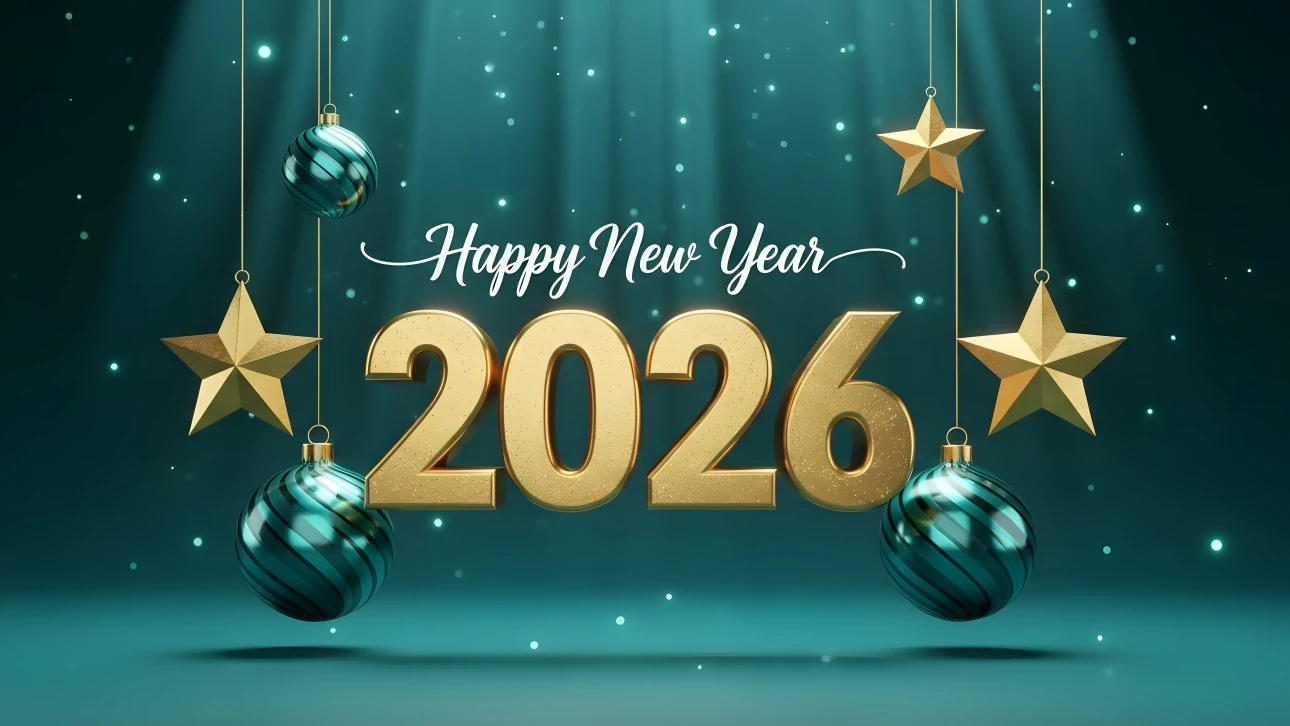 Elevate your holiday designs with this 2026 New Year illustration featuring golden numbers and teal ornaments. Perfect for festive season promotions.