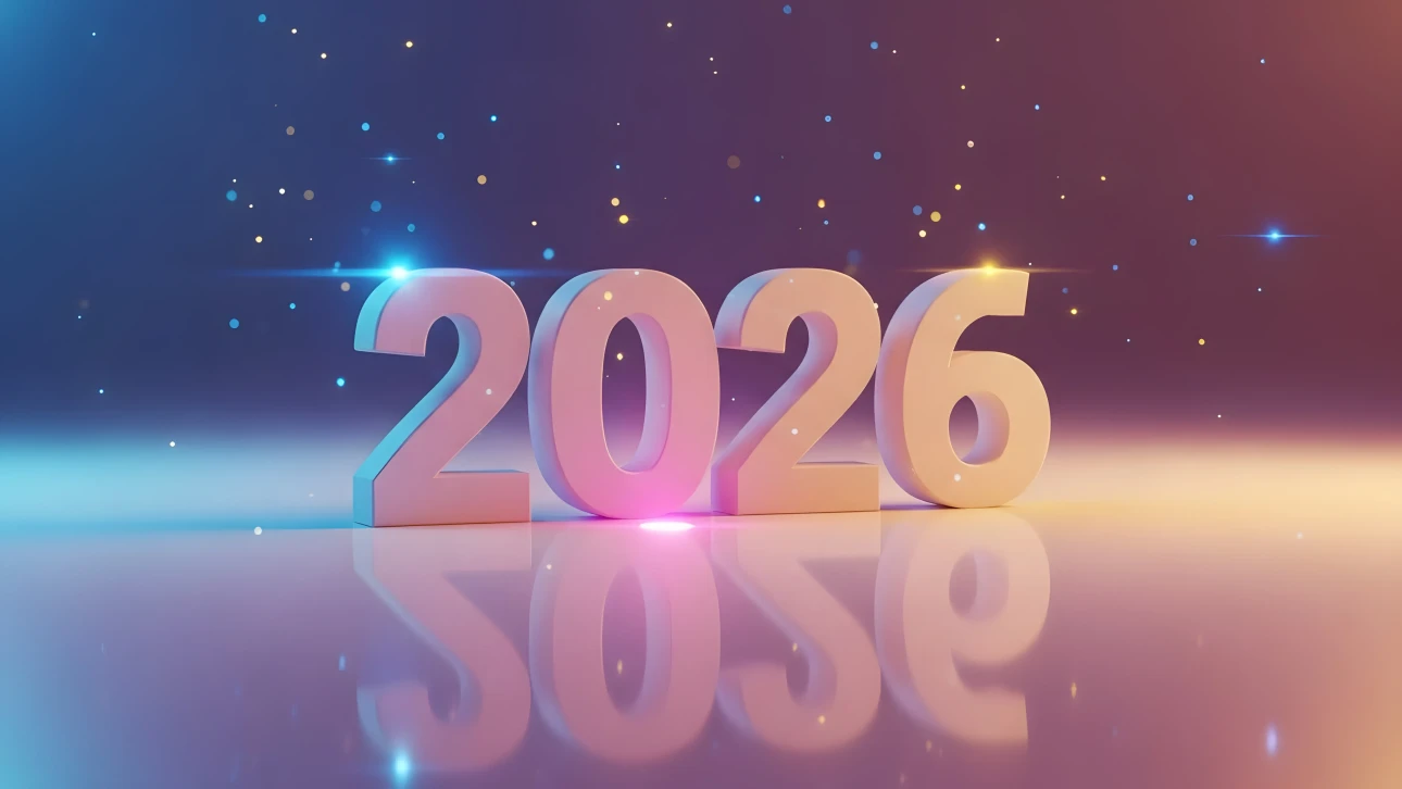 Elevate your designs with this futuristic 2026 illustration, featuring a dreamy color palette and sparkling particle effects. Perfect for high-end branding.