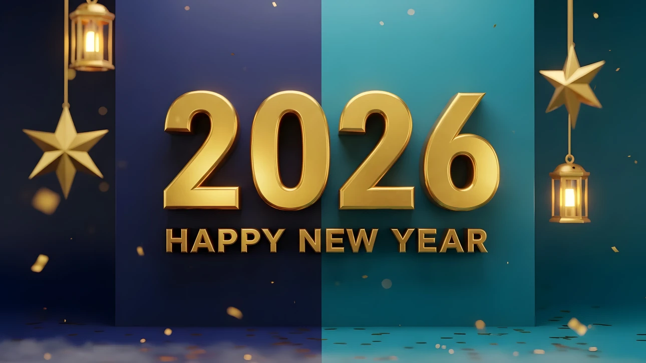 Celebrate 2026 with this festive display featuring golden numerals, lanterns, and confetti. Perfect for high-impact seasonal campaigns and elegant digital greetings.