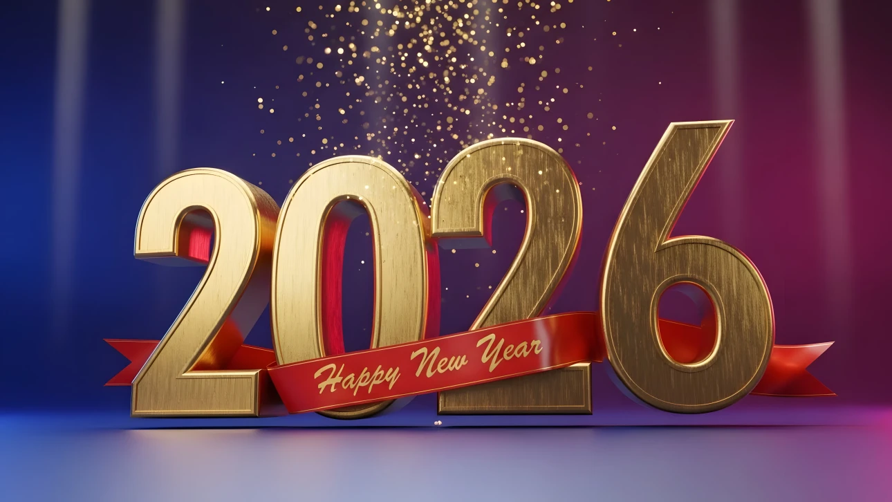 Elevate your New Year designs with this 2026 illustration, featuring golden numbers and festive confetti. Perfect for high-end branding and digital marketing.
