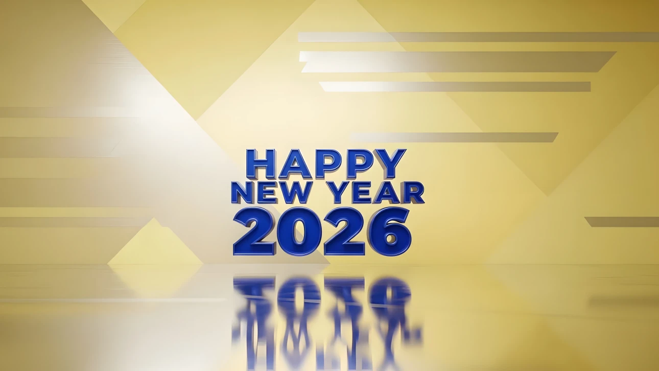 Elevate your New Year's designs with this striking 2026 graphic, featuring a reflective gold surface. Perfect for high-impact digital campaigns.