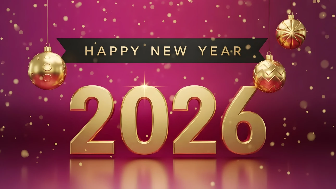 Elevate your holiday designs with this 2026 New Year illustration featuring golden ornaments and a vibrant pink backdrop. Perfect for high-end branding.
