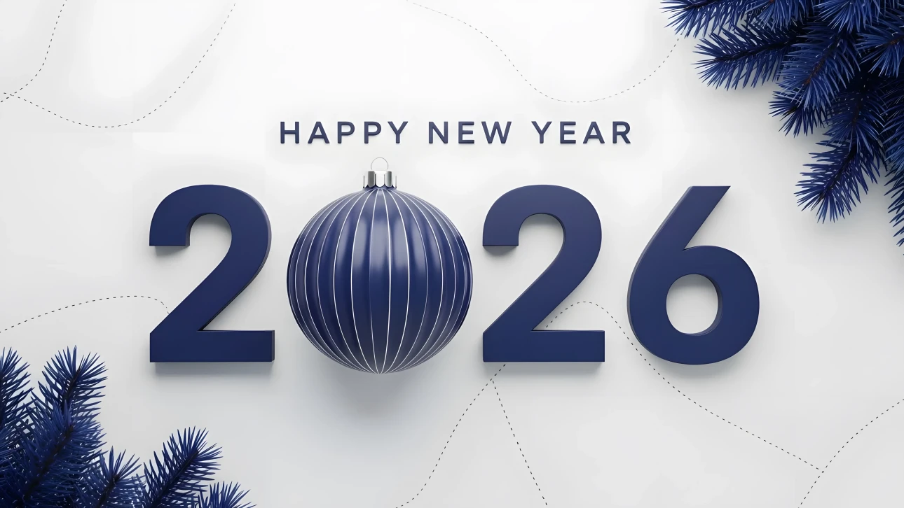 Elevate your holiday designs with this 2026 New Year illustration featuring a stylish ornament and pine. Perfect for premium seasonal campaigns.