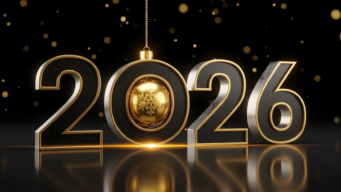 Elevate your holiday designs with this 2026 New Year illustration featuring a luxurious gold ornament. Perfect for high-end seasonal promotions and elegant greeting cards.