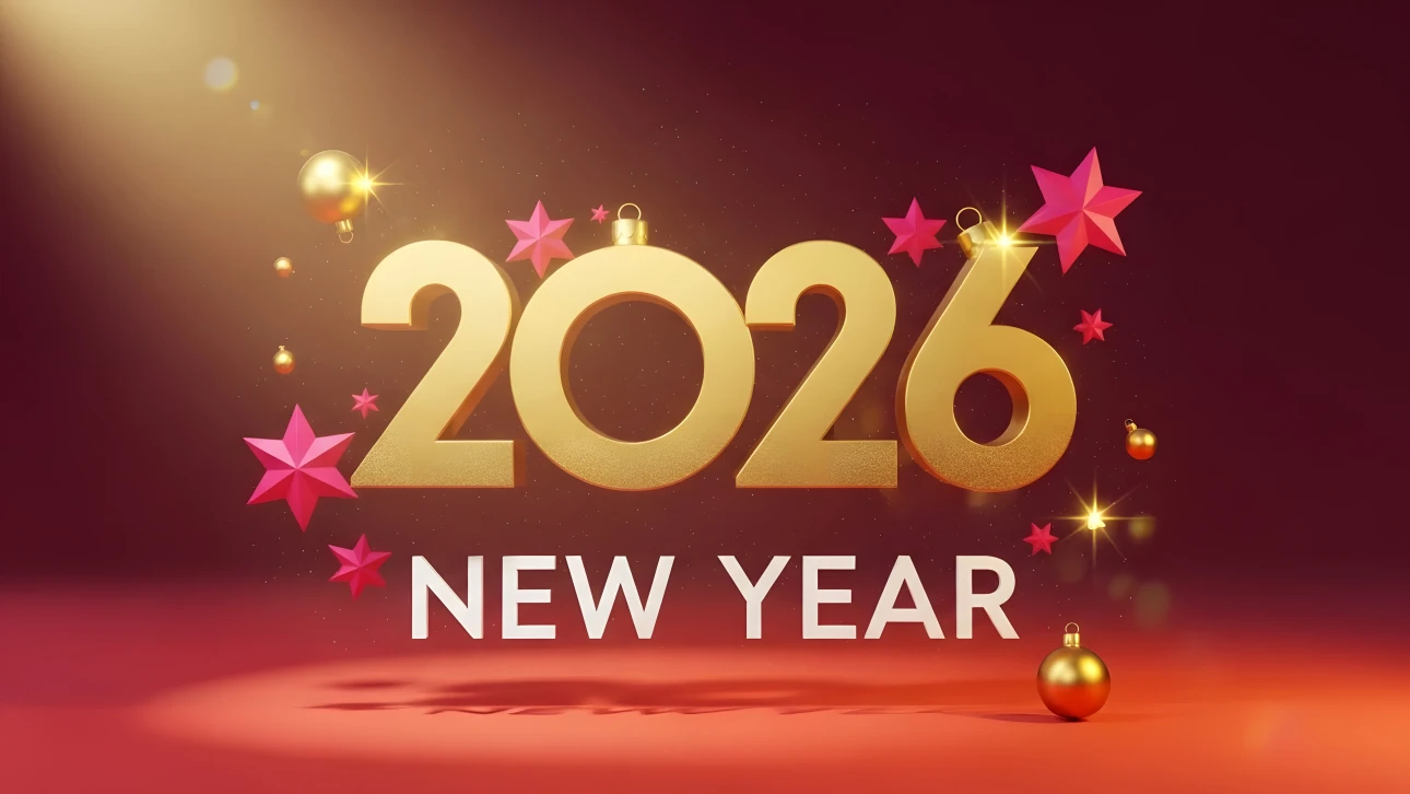 Elevate your holiday designs with this 2026 New Year illustration featuring festive ornaments. Perfect for premium seasonal marketing materials.