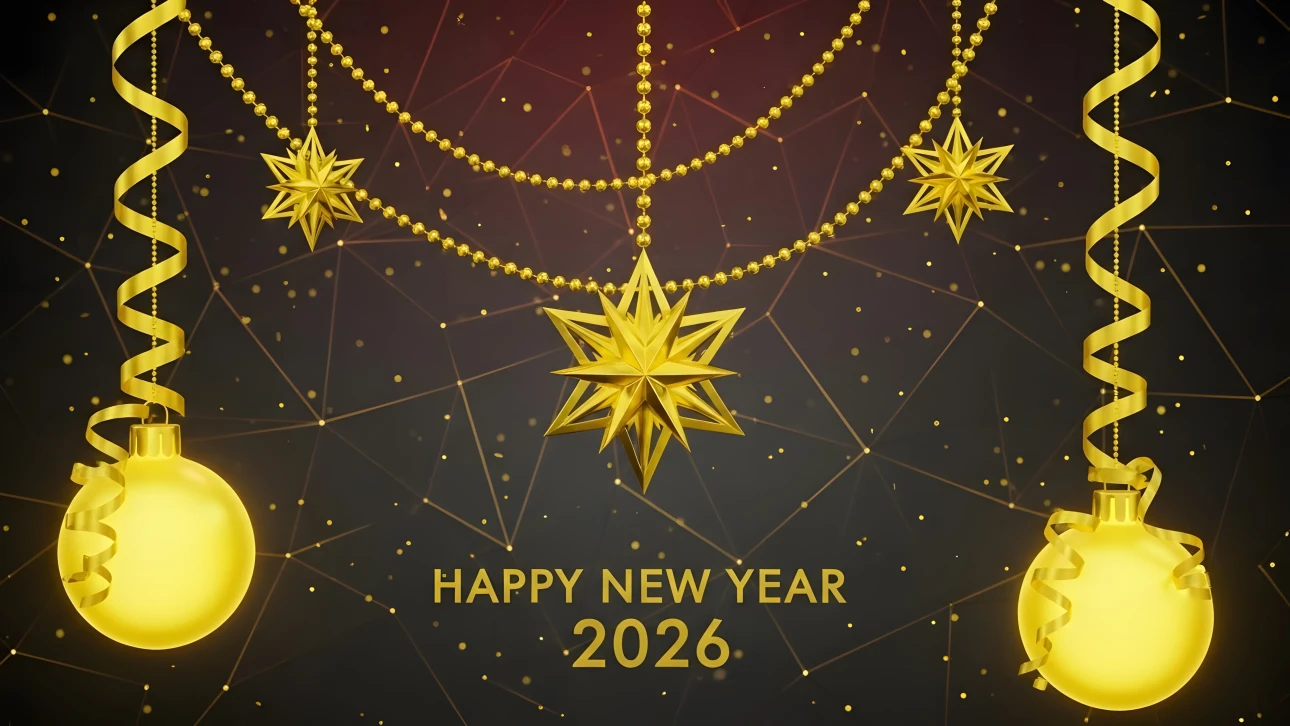 Enhance your holiday designs with this premium New Year 2026 illustration featuring golden ornaments and a festive backdrop. Perfect for high-end branding.