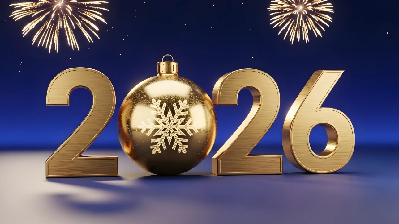 Elevate your designs with this 2026 New Year illustration, featuring a golden ornament and fireworks. Perfect for premium holiday-themed projects.