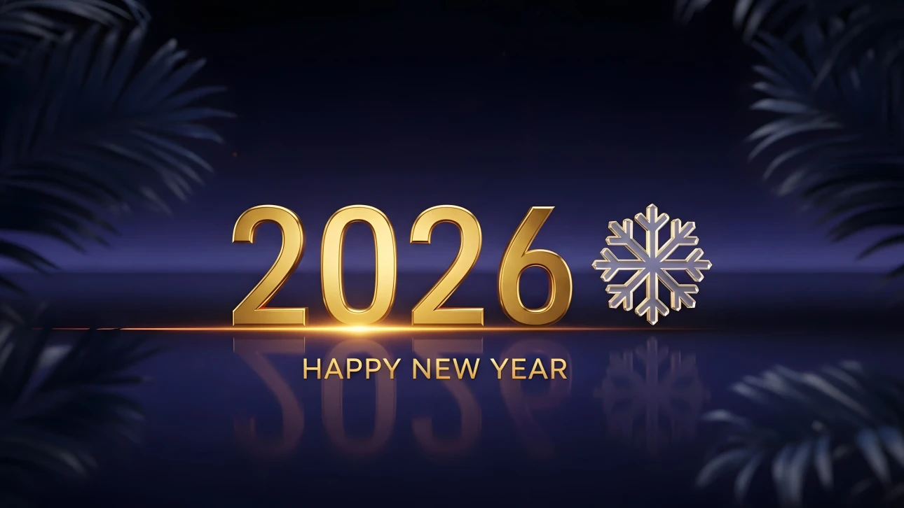 Elevate your holiday designs with this 2026 New Year illustration featuring gold numbers and a snowflake. Perfect for festive season promotions and digital greetings.