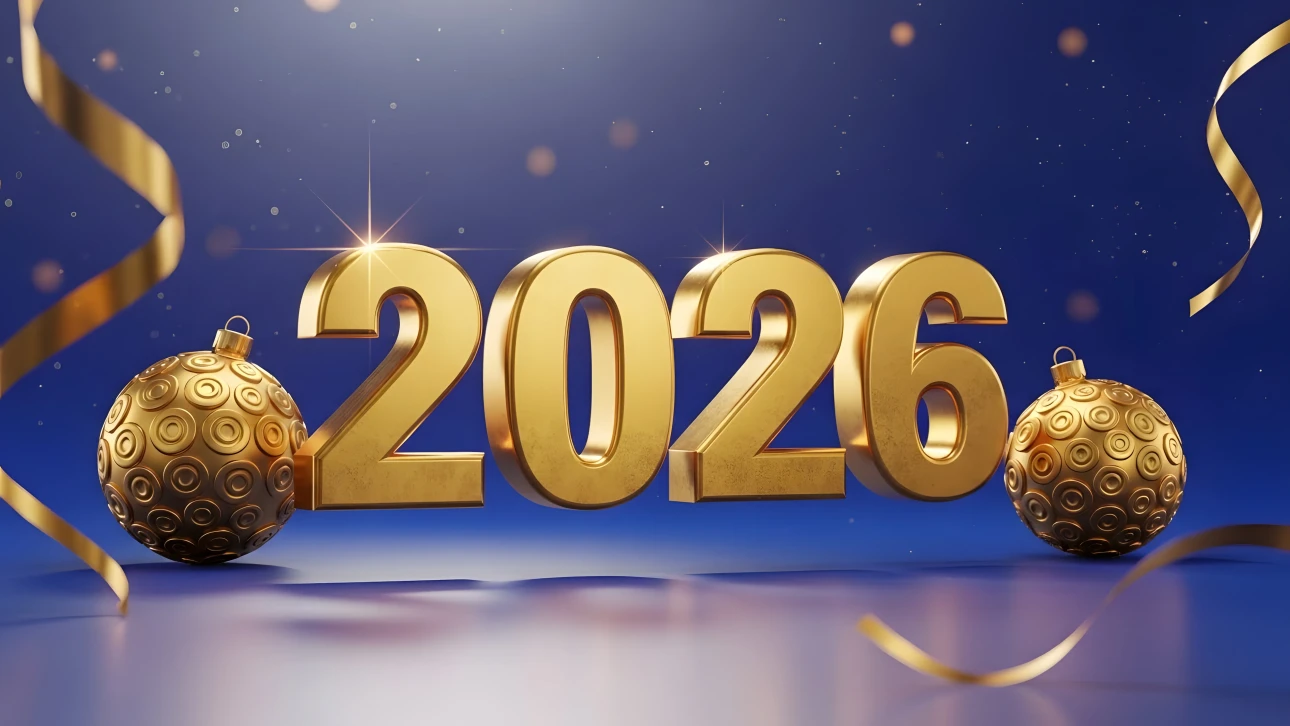 Elevate your holiday designs with this golden 2026 illustration featuring festive baubles. Perfect for premium New Year's event promotions.