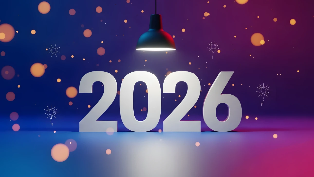 Elevate your designs with this vibrant 2026 New Year illustration, featuring festive bokeh lights and a modern lamp. Perfect for instant commercial use.