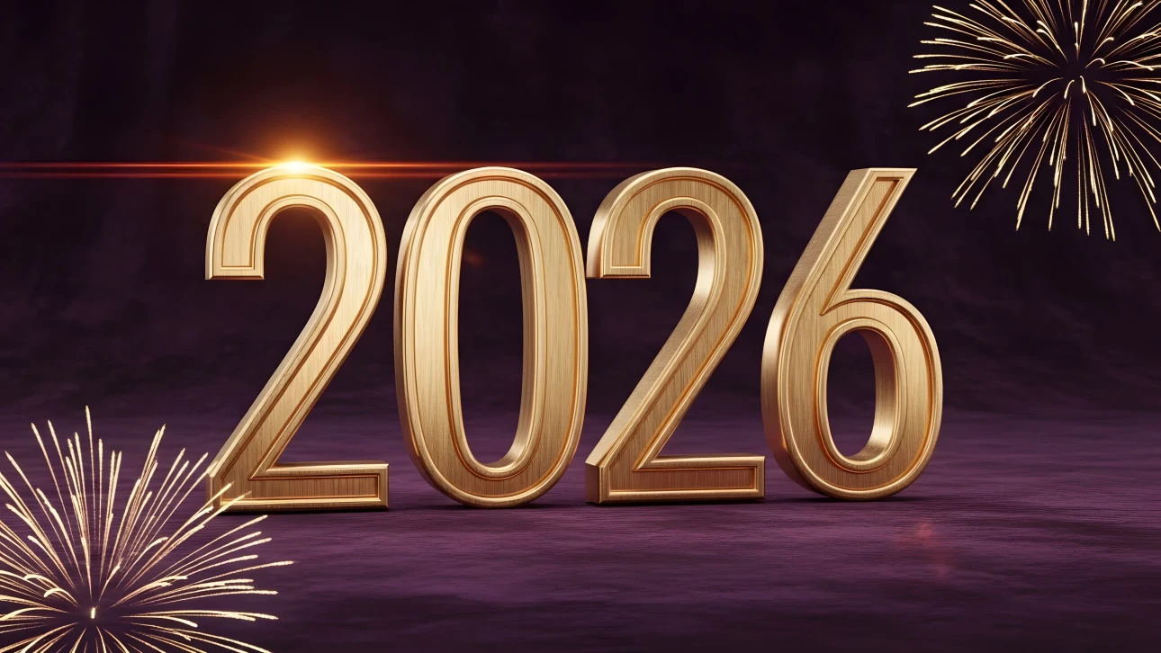 Elevate your designs with this 2026 New Year illustration featuring golden numerals and celebratory fireworks. Perfect for high-impact seasonal campaigns.