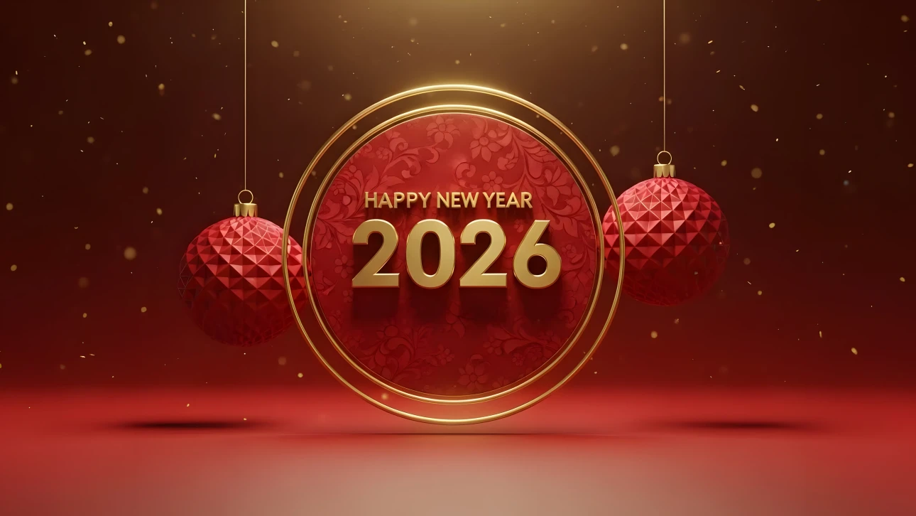 Elevate your holiday designs with this 2026 New Year illustration featuring festive ornaments and golden accents. Perfect for premium seasonal campaigns.