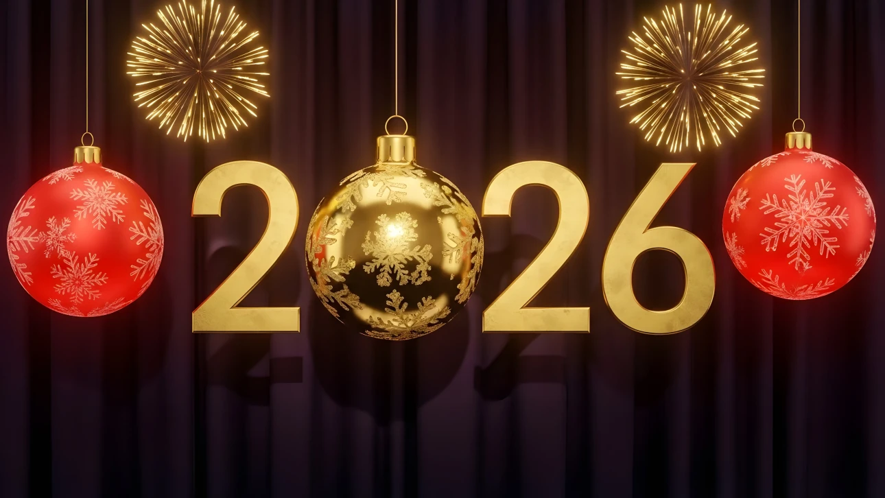 Celebrate 2026 with this festive design featuring golden numbers, ornaments, and fireworks. Elevate your holiday projects with this premium design asset.