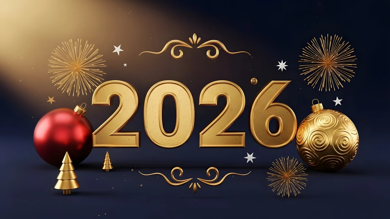 Elevate your holiday designs with this 2026 New Year illustration featuring golden ornaments and fireworks. Perfect for creating upscale festive visuals.