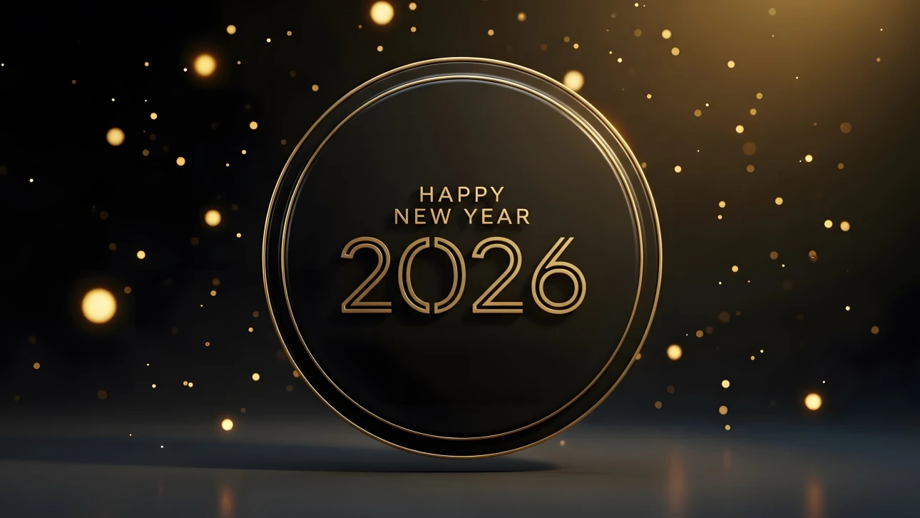 Elevate your designs with this Happy New Year 2026 illustration featuring elegant golden text on a black background. Perfect for high-end branding.