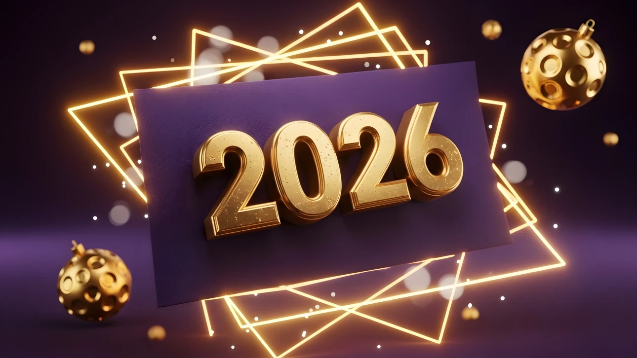 Elevate your designs with this premium 2026 illustration featuring golden numbers and neon lights. Perfect for high-end New Year promotions and digital celebrations.