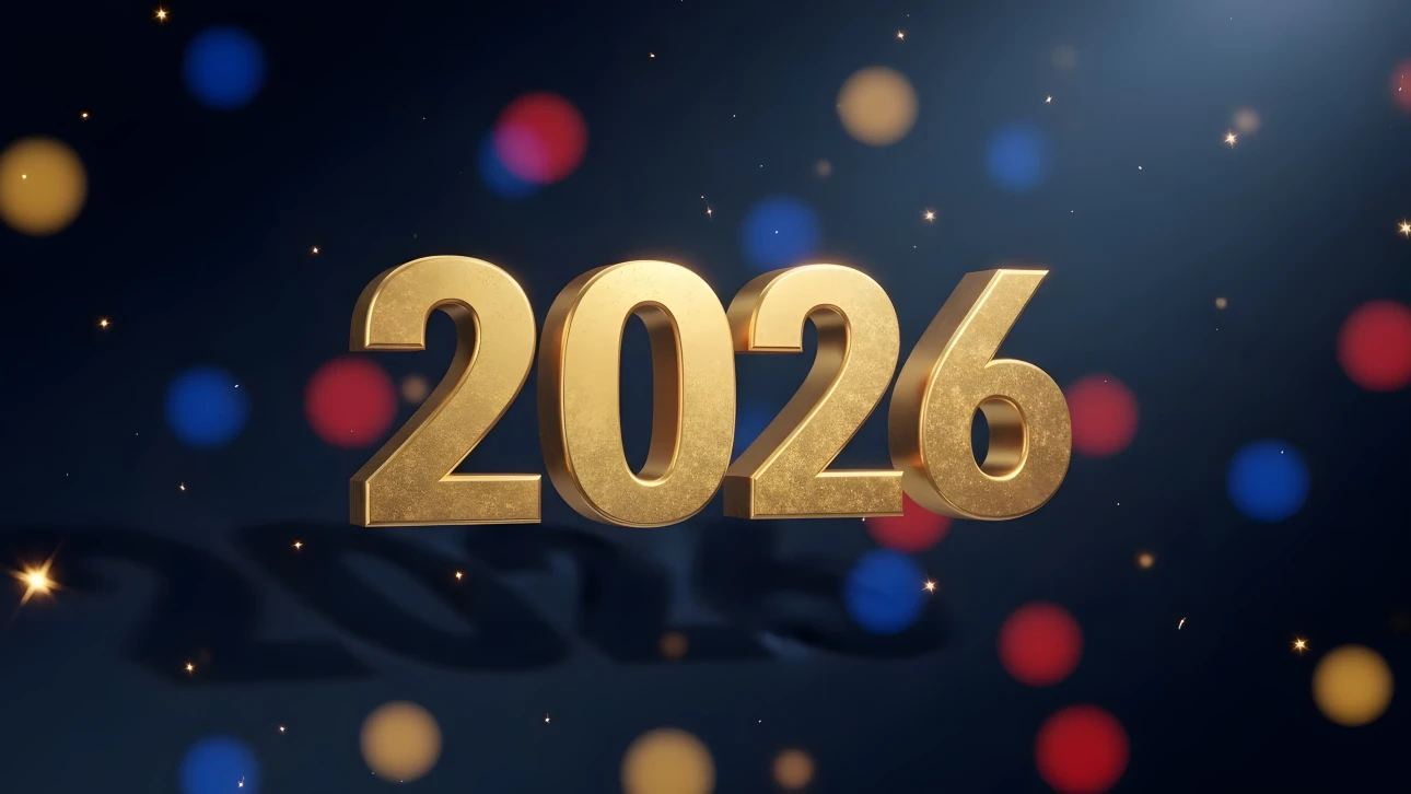 Elevate your designs with this premium 2026 illustration, featuring golden numerals and bokeh lights. Perfect for New Year's promotions and festive designs.