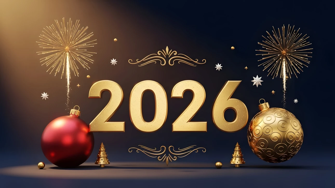 Elevate your holiday designs with this 2026 New Year illustration featuring festive ornaments and fireworks. Perfect for high-end branding and digital campaigns.