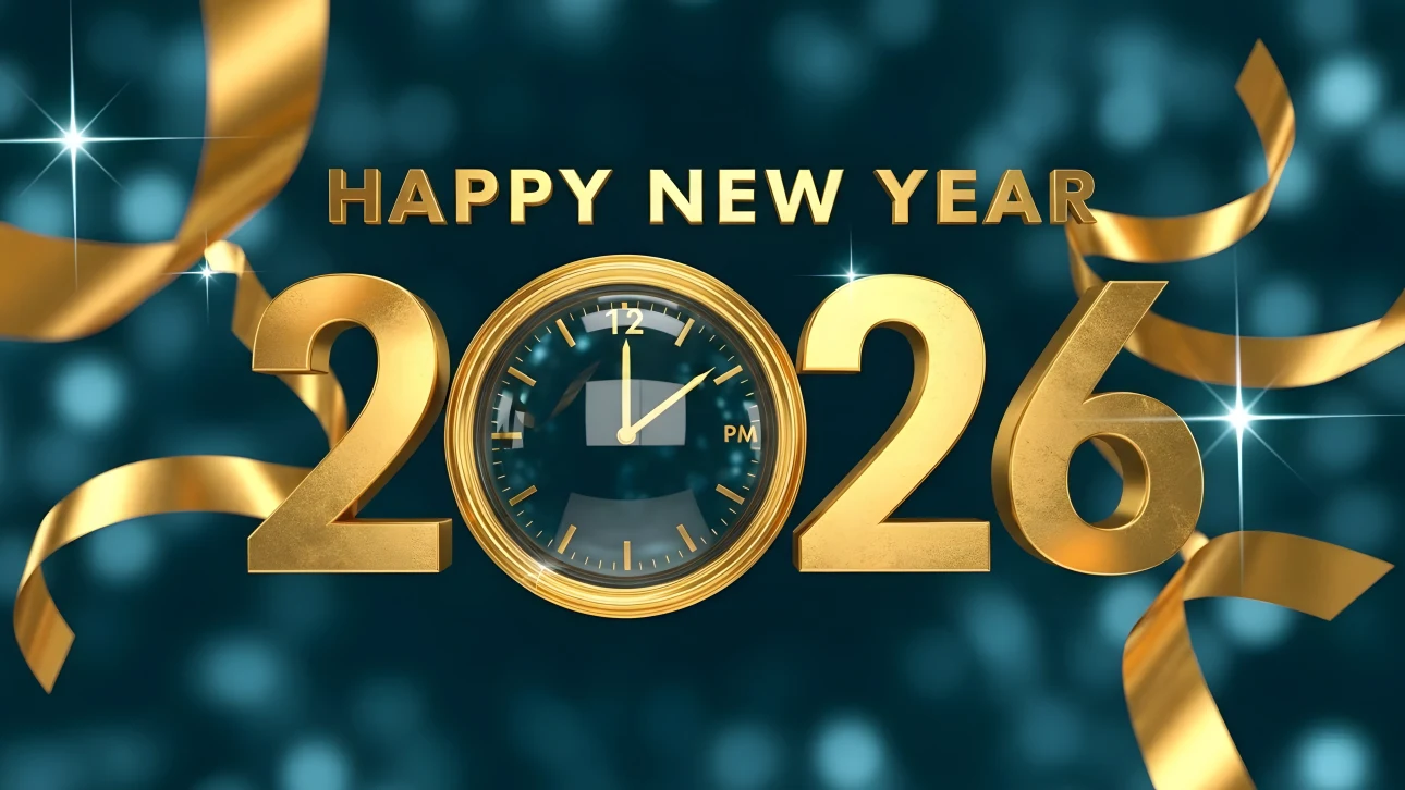 Celebrate 2026 with this premium design asset featuring a golden clock and ribbons. Perfect for New Year's Eve promotions and festive greetings.