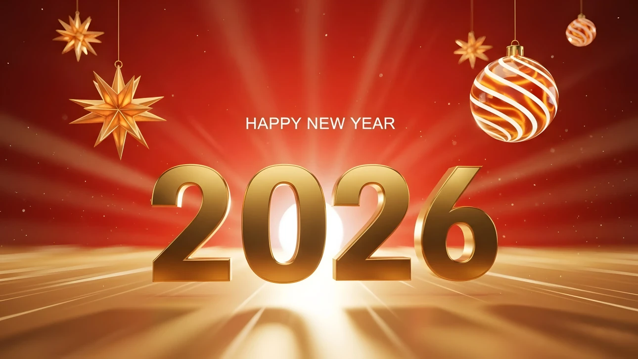 Elevate your holiday designs with this 2026 New Year illustration featuring golden accents and festive ornaments. Perfect for high-end branding.