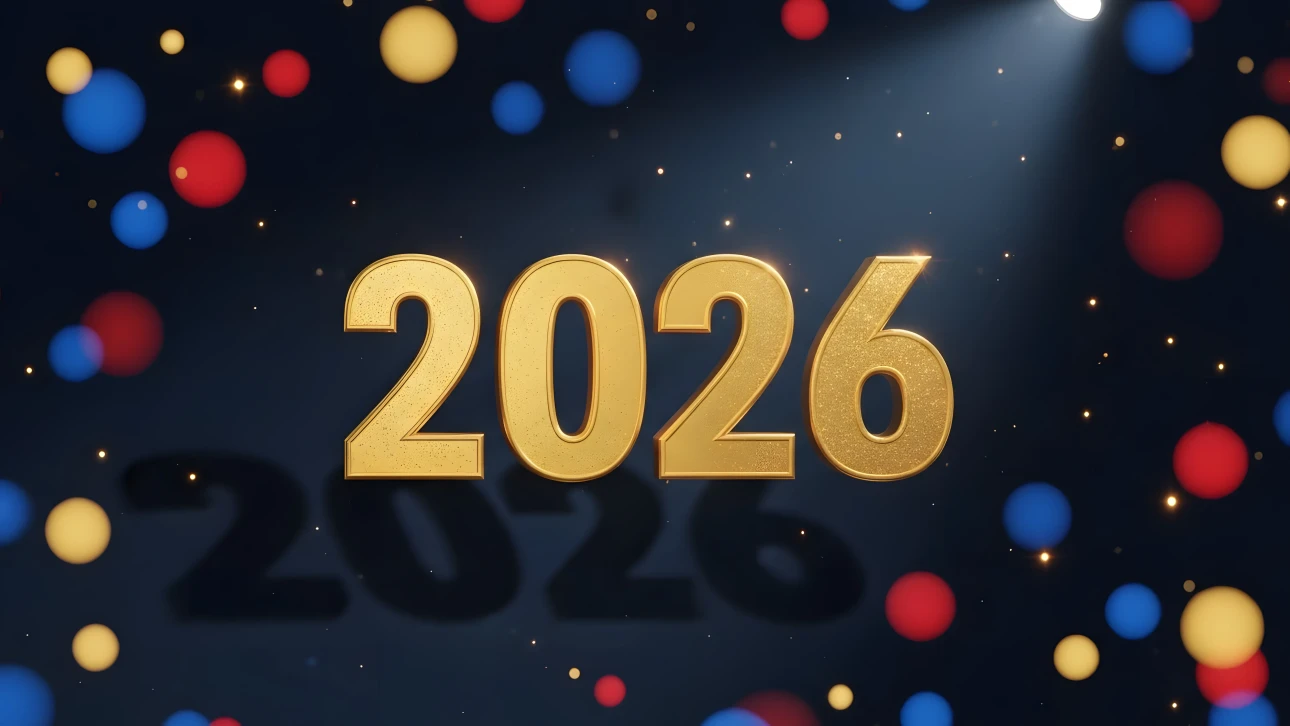 Elevate your designs with this shimmering 2026 illustration featuring golden numerals and festive spheres. Perfect for New Year's promotions and event announcements.