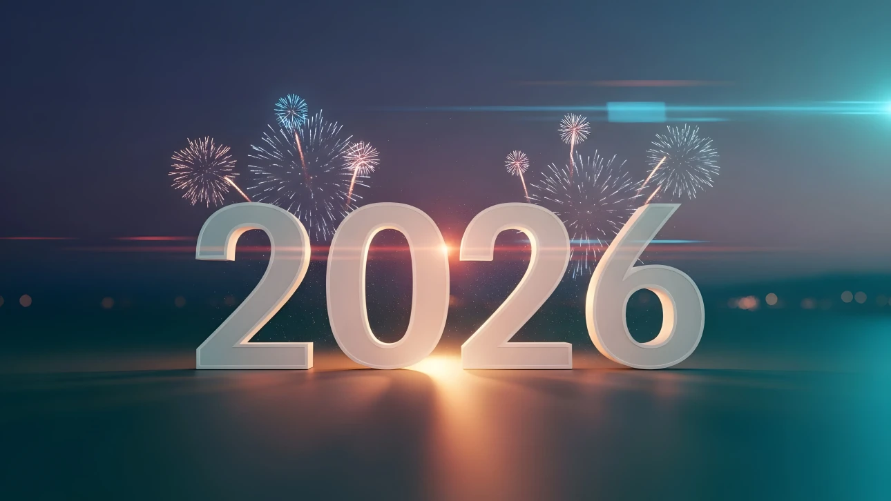 Elevate your designs with this 2026 New Year illustration featuring celebratory fireworks. Perfect for creating impactful holiday campaigns and digital greetings.