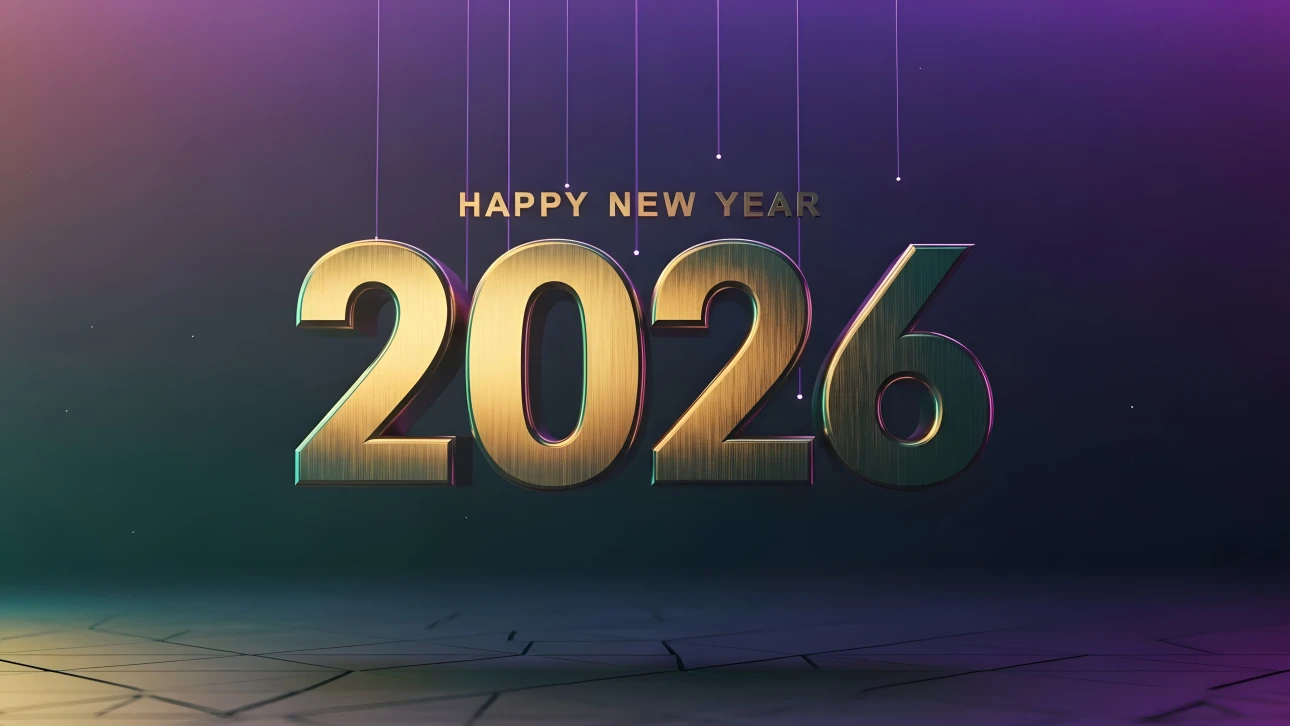 Elevate your New Year designs with this premium 2026 illustration, featuring a metallic gold finish and vibrant neon highlights. Perfect for luxury event promotions.