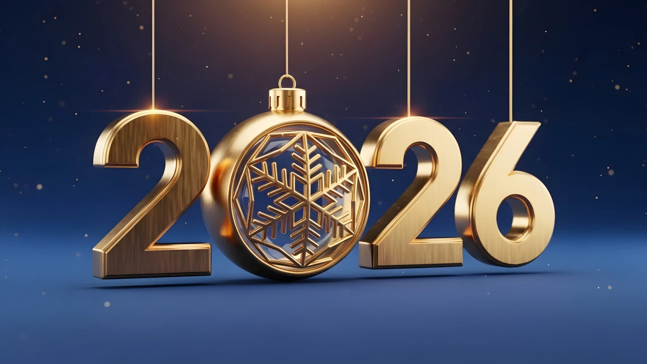 Elevate your holiday designs with this 2026 New Year image featuring a golden snowflake ornament. Perfect for premium seasonal campaigns.