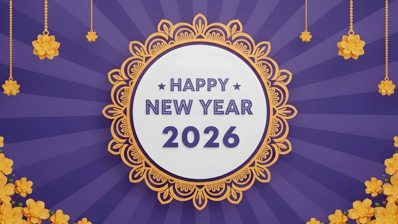 Elevate your New Year's designs with this festive 2026 illustration featuring floral ornaments against a radiant backdrop. Perfect for premium holiday promotions.