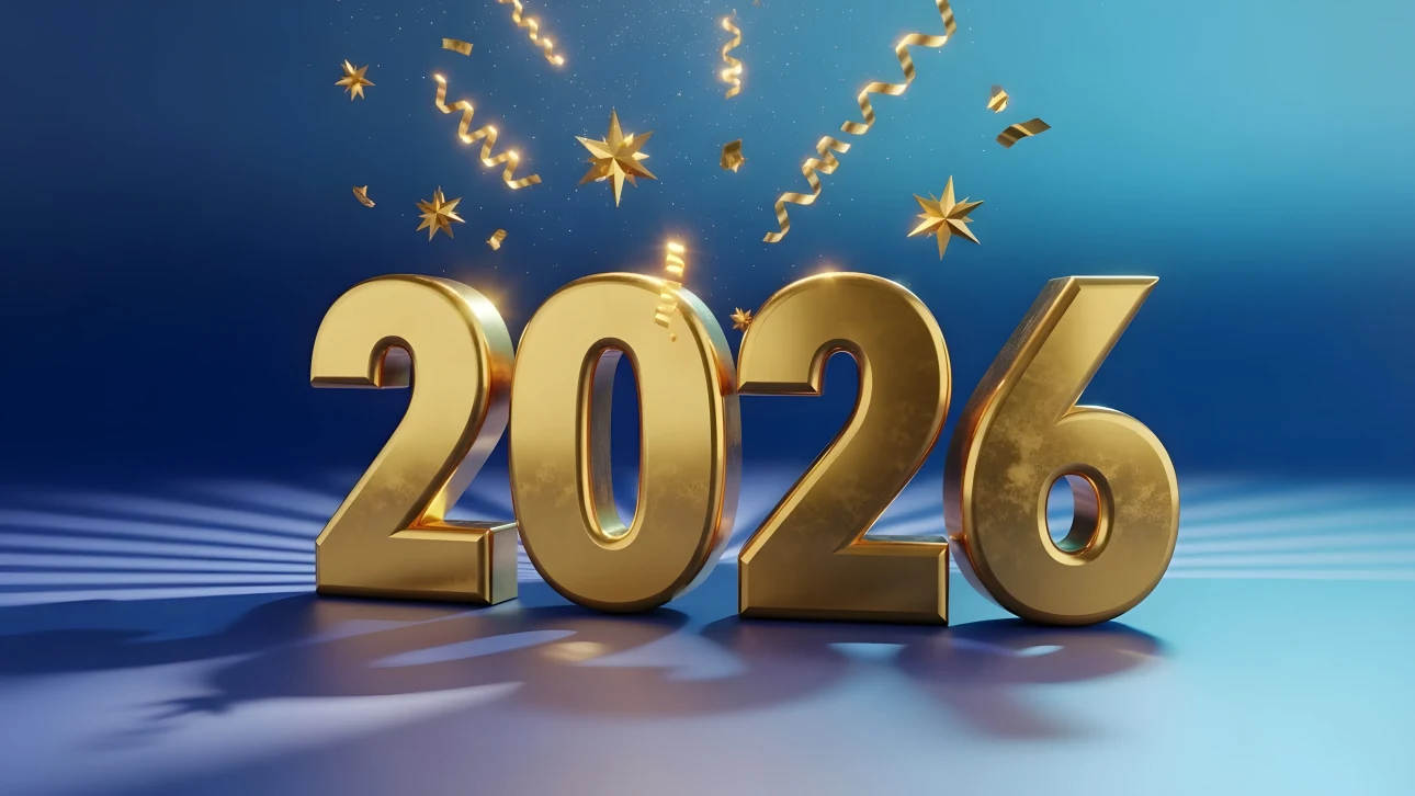 Celebrate 2026 with this festive illustration featuring golden numbers and confetti. Perfect for New Year's cards and digital marketing campaigns.