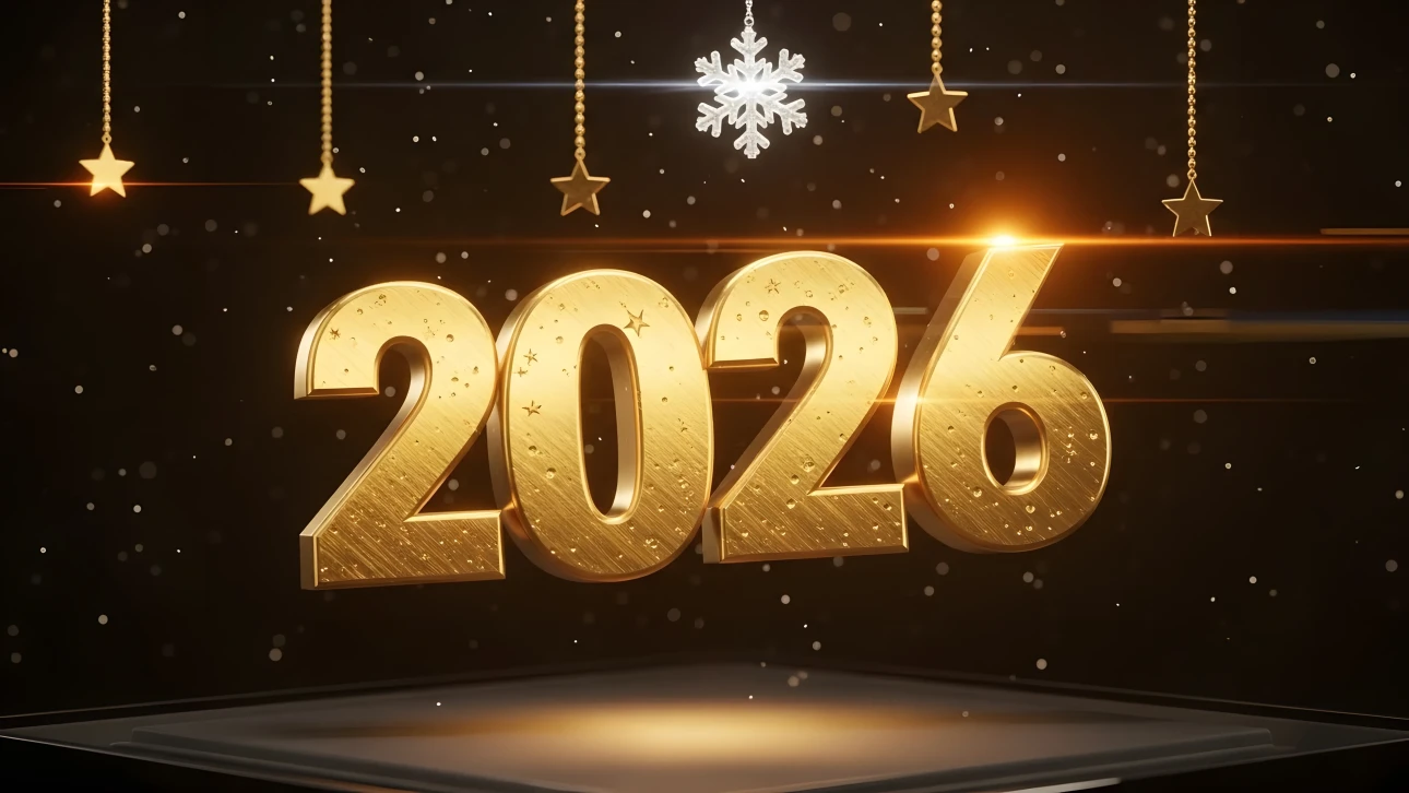 Elevate your designs with this 2026 golden number illustration, featuring festive hanging stars and a snowflake. Perfect for premium holiday-themed projects.