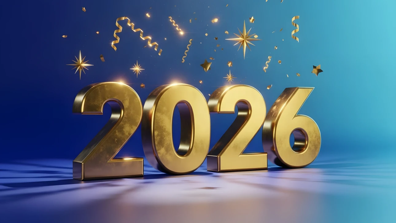 Elevate your designs with this 2026 New Year's illustration featuring golden numbers and festive confetti. Perfect for premium holiday promotions and digital greetings.
