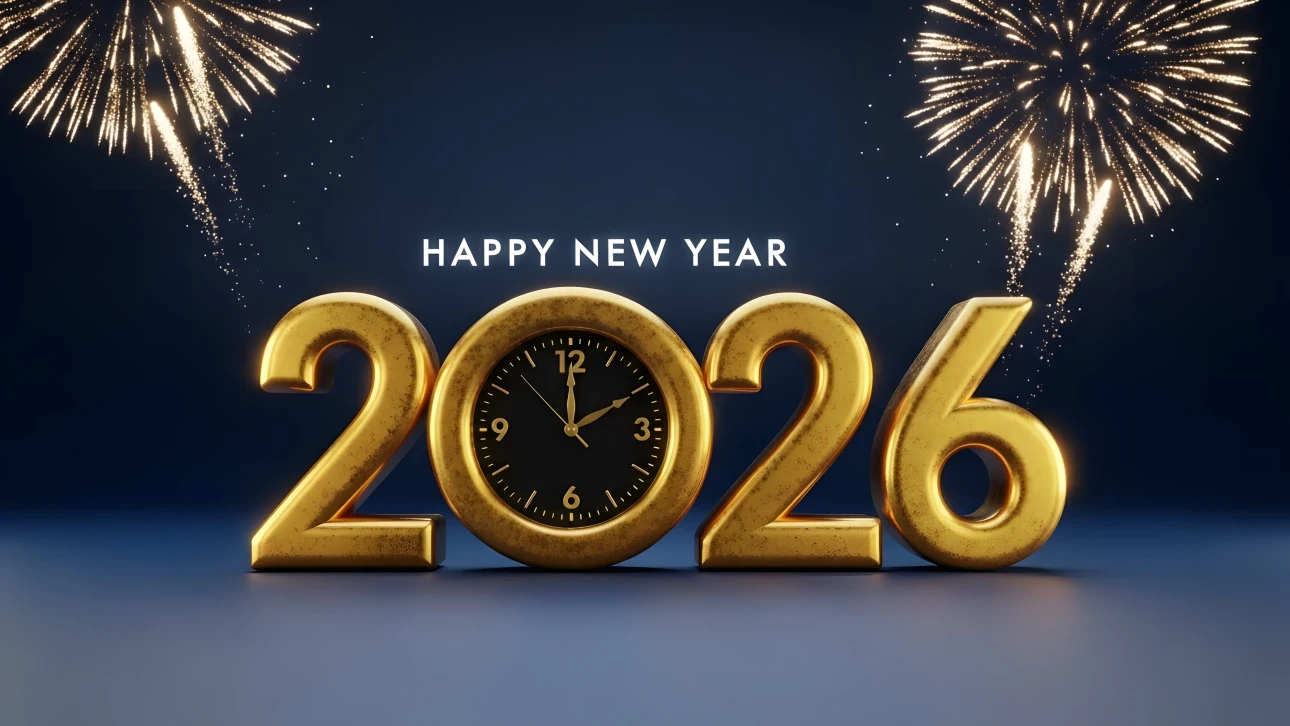 Elevate your New Year designs with this golden 2026 illustration featuring a clock and fireworks. A premium design asset ready for instant commercial use.