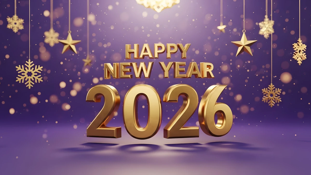 Elevate your holiday designs with this 3D render of 'Happy New Year 2026' featuring golden ornaments. Perfect for premium festive season campaigns.