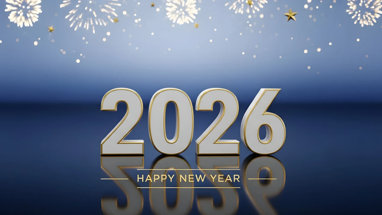 Elevate your New Year's designs with this 2026 celebration image featuring festive fireworks. Perfect for creating memorable holiday greetings and invitations.