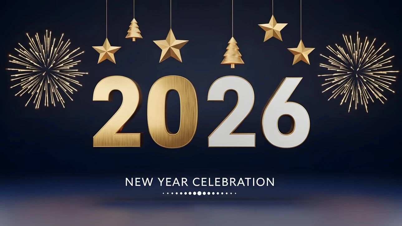 Elevate your holiday designs with this 2026 New Year illustration featuring golden accents and festive fireworks. Perfect for high-end seasonal campaigns.