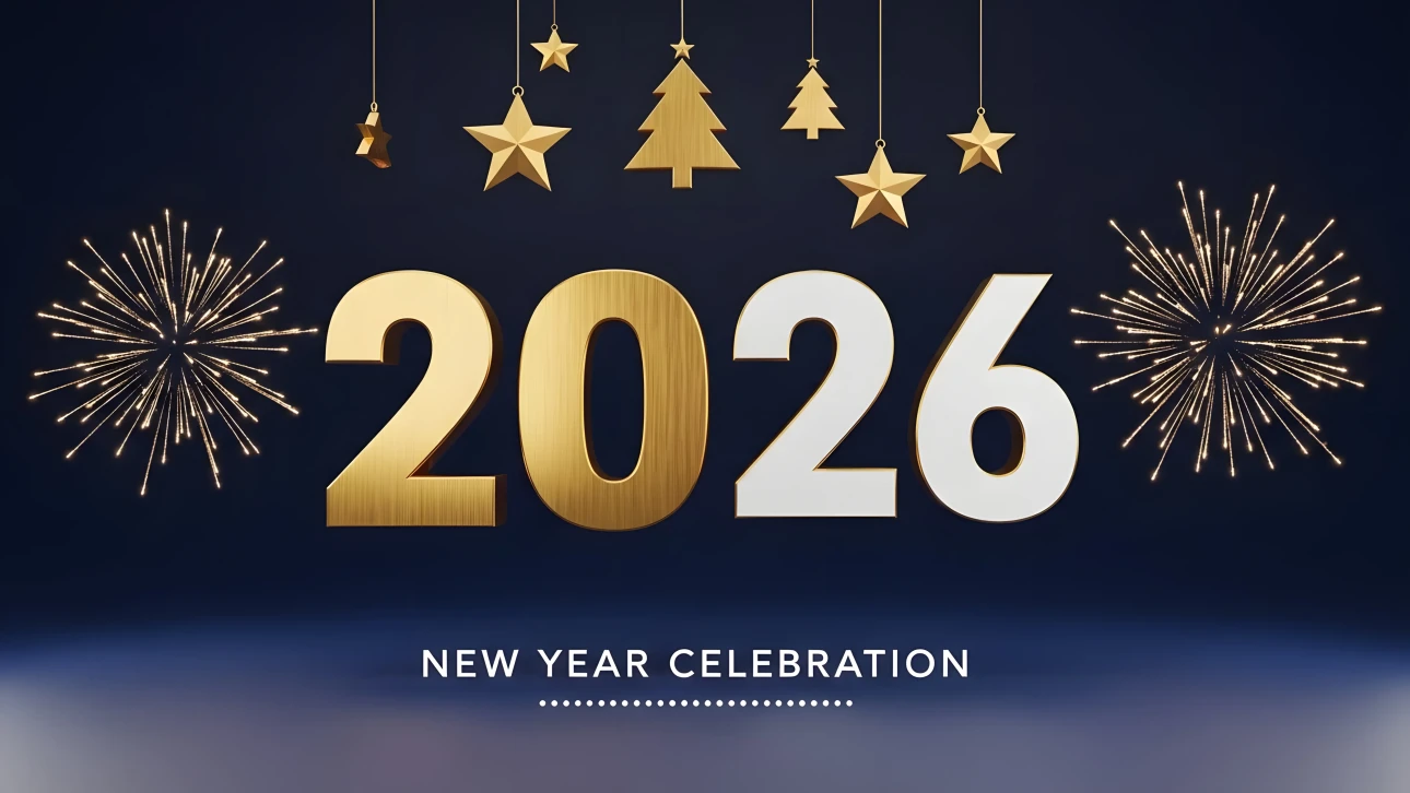Elevate your New Year designs with this 2026 celebration image featuring festive gold elements. Perfect for creating eye-catching event promotions and digital greetings.
