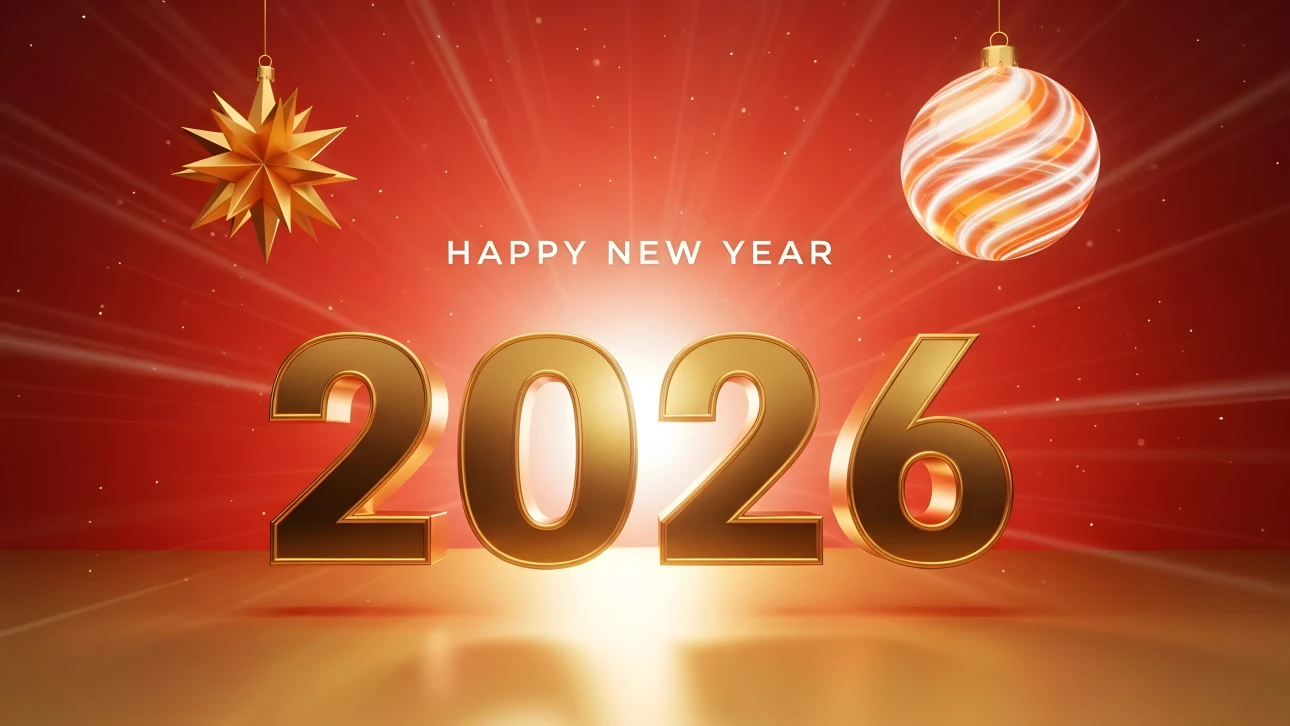 Elevate your holiday designs with this shimmering 2026 New Year illustration, featuring elegant ornaments and a radiant backdrop. Perfect for high-end branding.