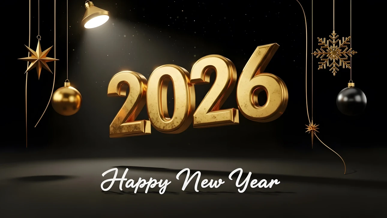 Celebrate new beginnings with this golden 2026 display, featuring festive ornaments against a dark backdrop. Perfect for high-impact holiday campaigns.