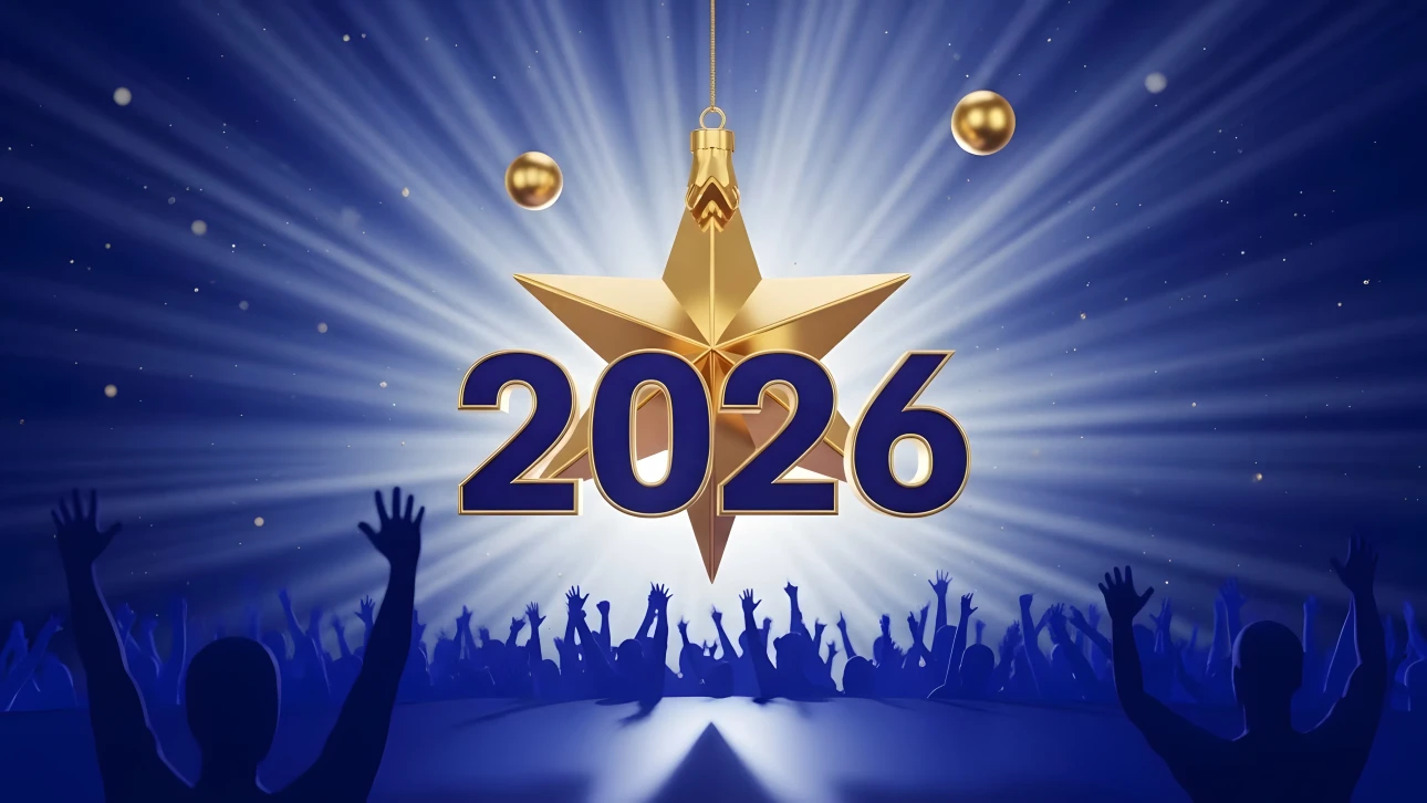 Elevate your New Year designs with this festive 2026 illustration featuring a golden star and cheering crowd. Perfect for premium holiday marketing materials.