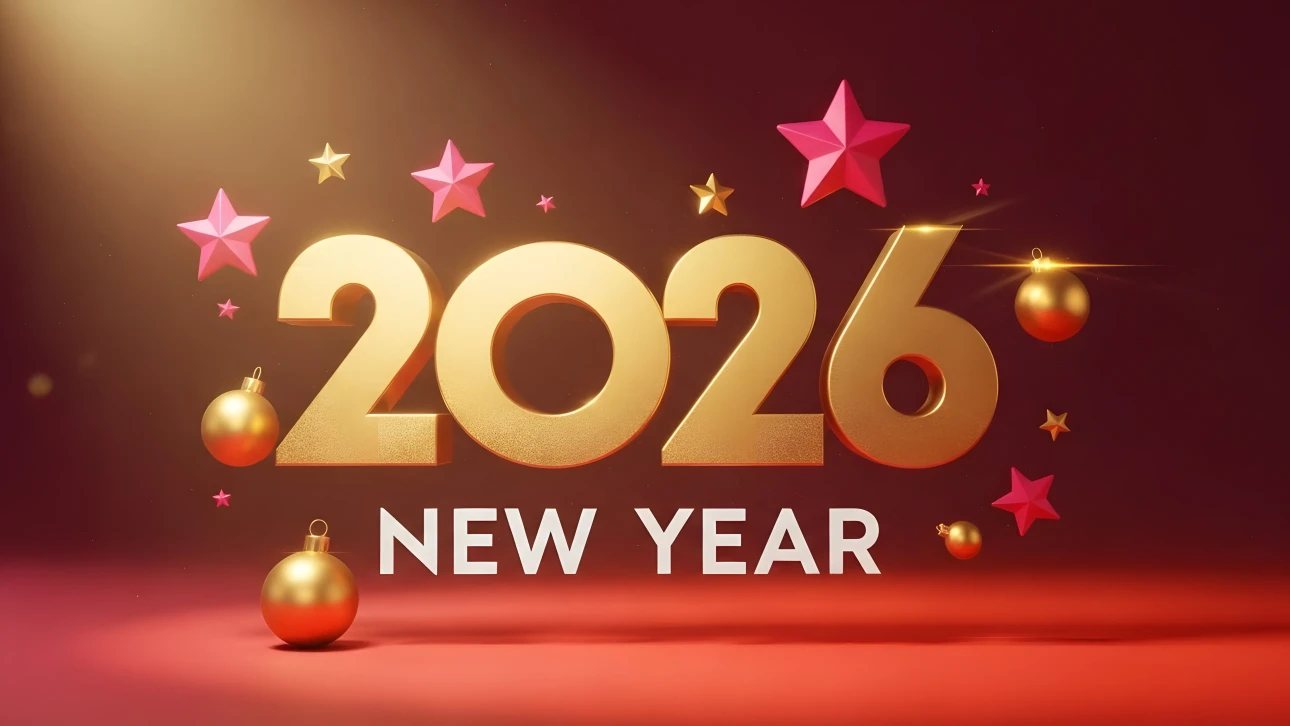 Elevate your holiday designs with this 2026 New Year illustration featuring festive stars and baubles. Perfect for creating eye-catching seasonal promotions.