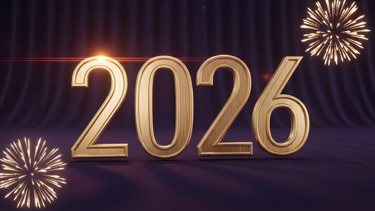 Elevate your designs with this golden 2026 illustration featuring celebratory fireworks. Perfect for high-resolution event promotions and festive greetings.