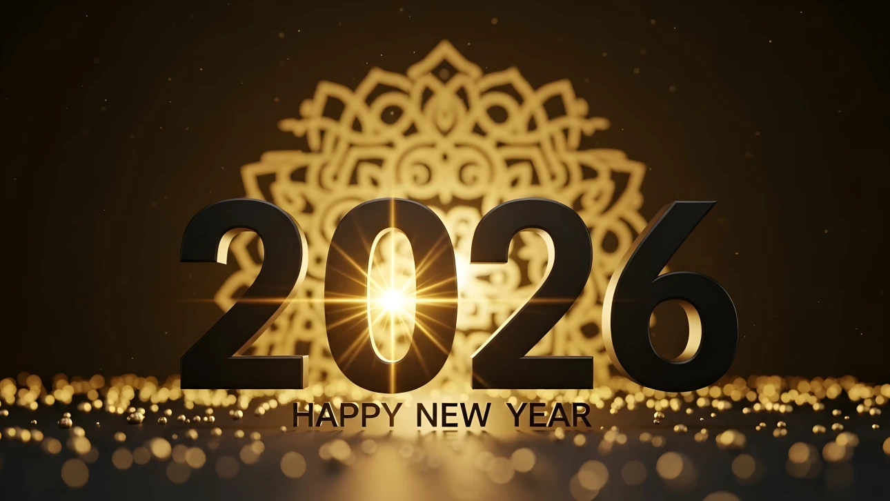 Elevate your New Year designs with this 2026 illustration featuring a festive gold bokeh background. Perfect for premium holiday greeting cards and digital promotions.