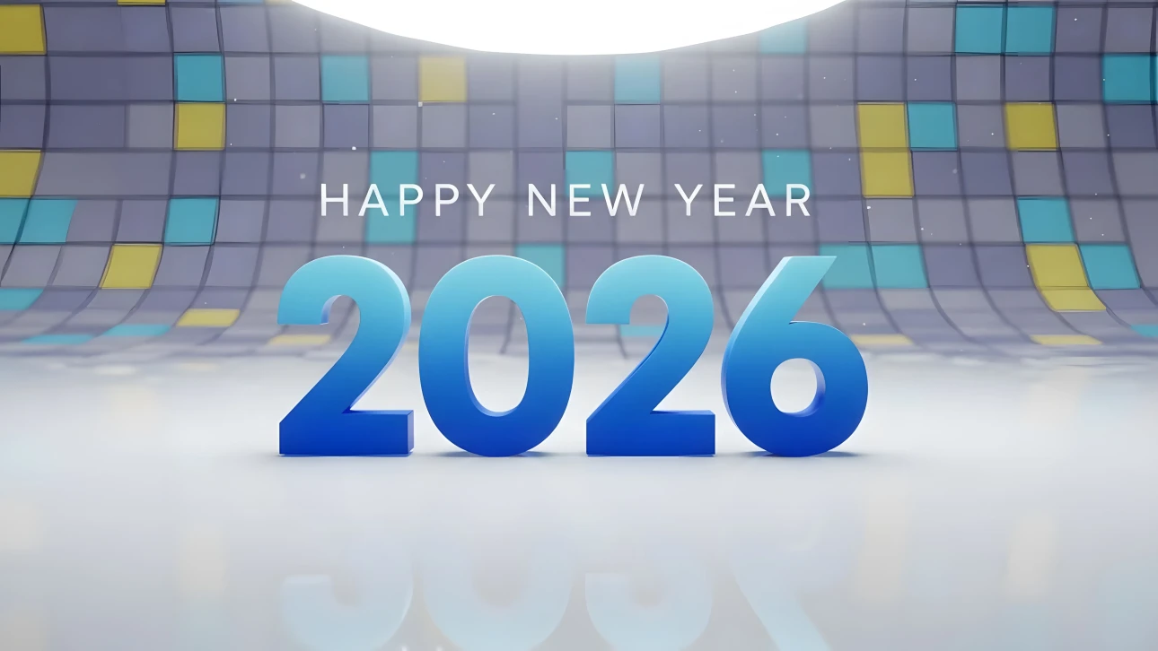 Elevate your New Year designs with this 2026 illustration featuring a modern geometric backdrop. Perfect for digital greetings and festive promotions.