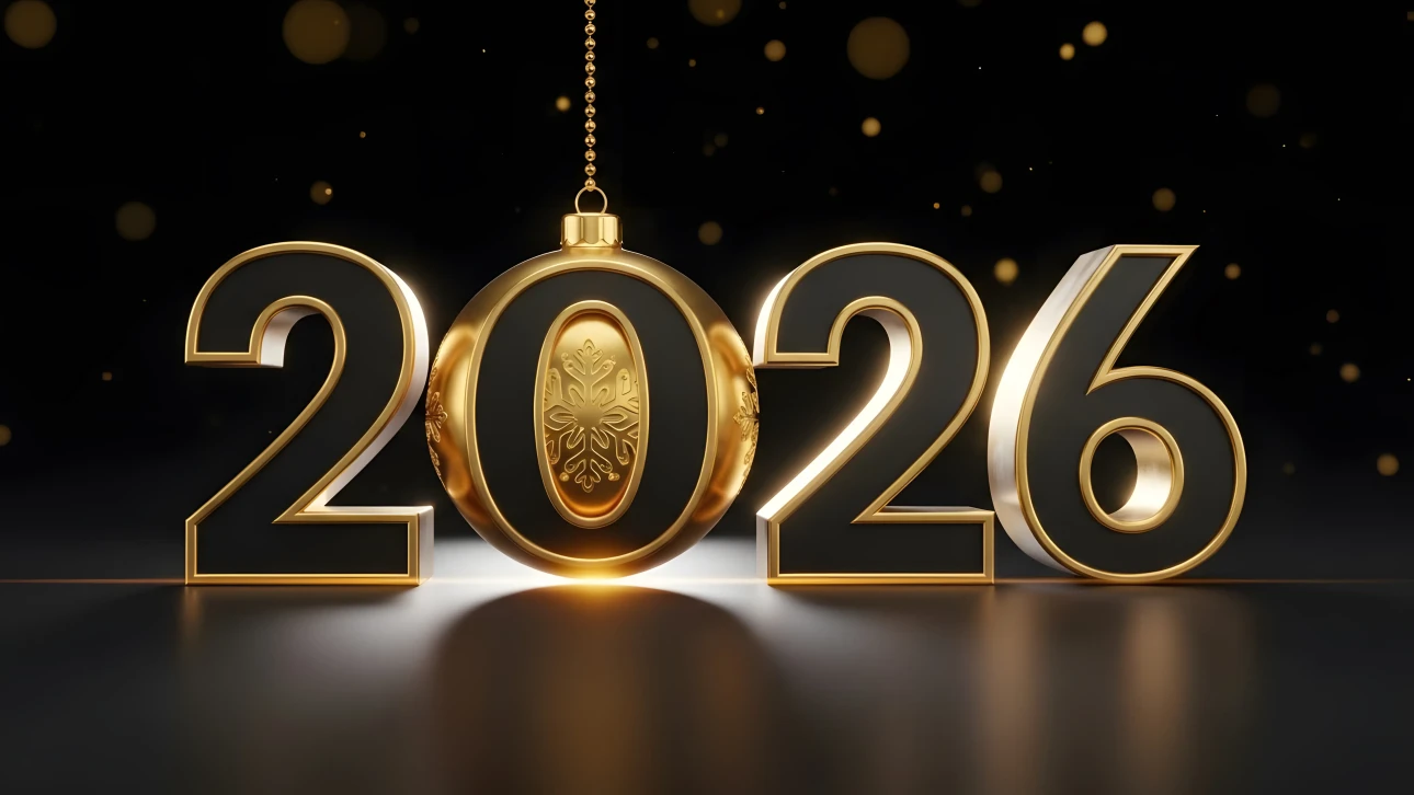 Elevate your designs with this 2026 New Year illustration featuring a luxurious gold ornament. Perfect for high-end holiday promotions and elegant digital campaigns.